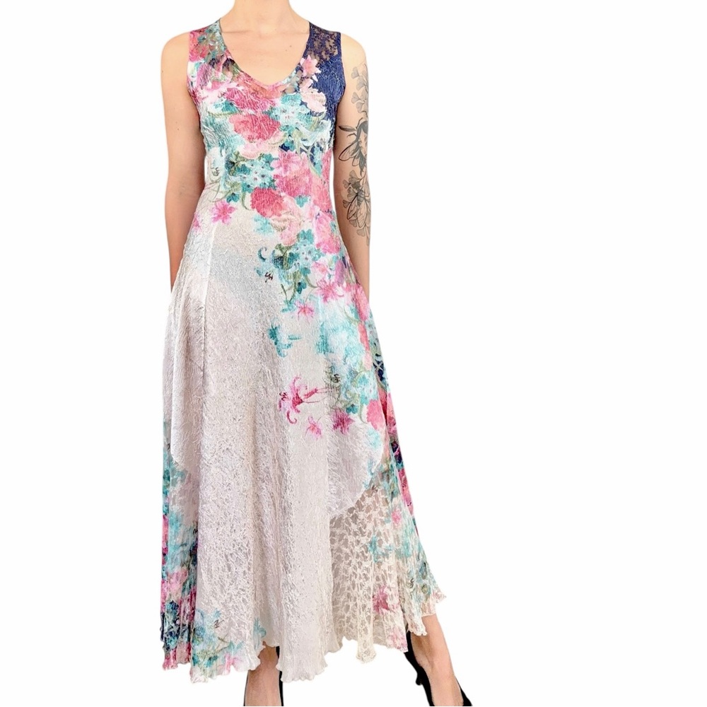 Komarov Floral Lace Maxi Dress Crinkle Satin Corset Back Cottagecore Romantic SM - Picture 1 of 15